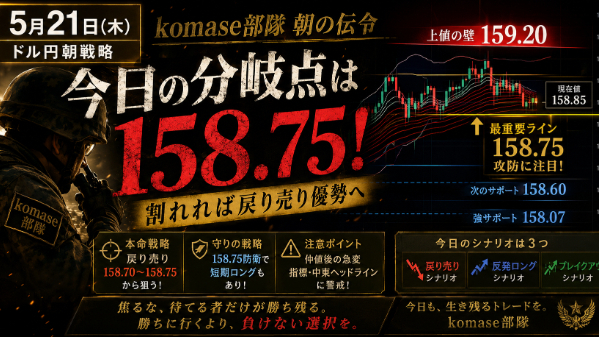 【5月21日木曜｜ドル円158.85】総員傾聴――158.75を守れなければ“逃げ場のない下落”も。焦る者から崩れる中東警戒相場の朝戦略