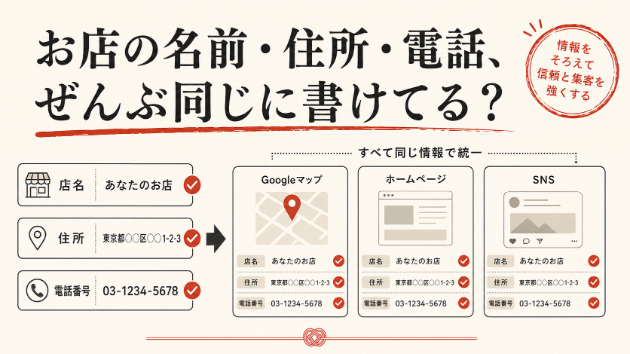 お店の名前・住所・電話、ぜんぶ“同じ”に書けてますか？