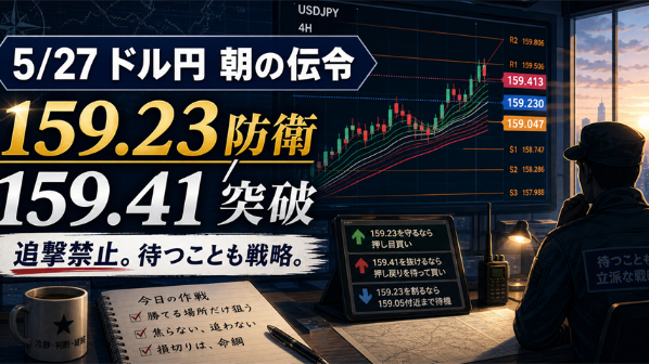【5月27日(水) 朝の伝令】ドル円159.30付近、核心は159.23防衛か159.41突破か｜リベンジ組は“追撃禁止”、勝てる場所だけ狙え