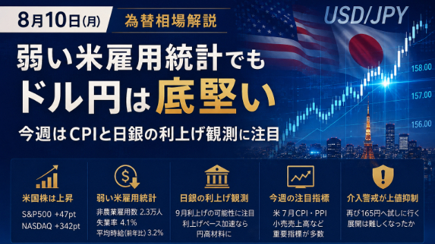 【8月10日】弱い米雇用統計でもドル円は底堅い｜今週はCPIと日銀の利上げ観測に注目