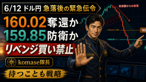 6/12ドル円159.95、急落後の緊急伝令。160.02奪還か、159.85防衛か、リベンジ買いは禁止