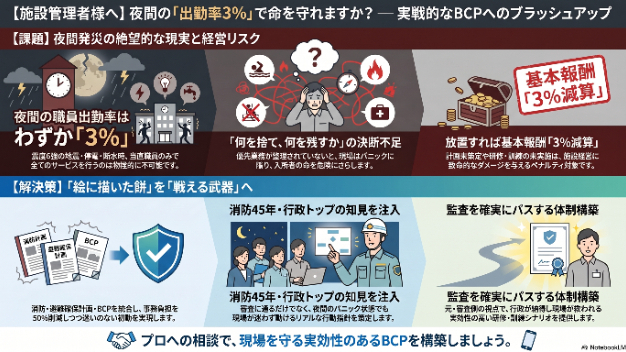 【施設管理者様へ】完成したBCP、夜間の「出勤率3%」で本当に機能しますか？