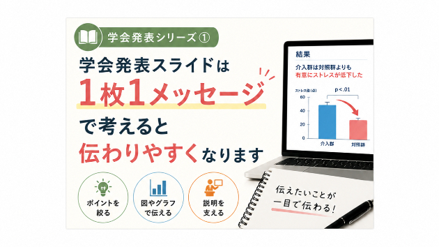 学会発表シリーズ① 学会発表スライドは「1枚1メッセージ」で考えると伝わりやすくなります