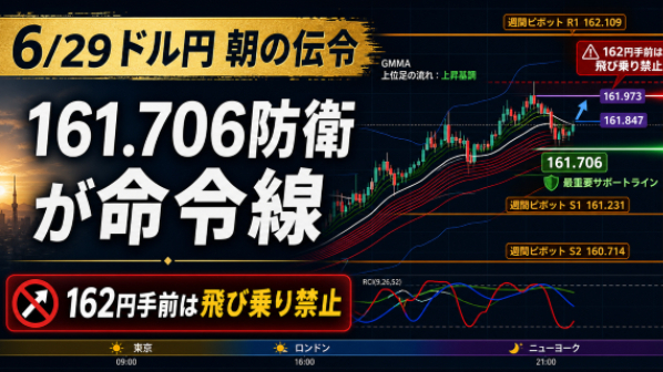 【6月29日(月) 朝の伝161.78付近｜リベンジ勢へ、今日は161.706防衛まで待て。162円前の突撃はまだ早い