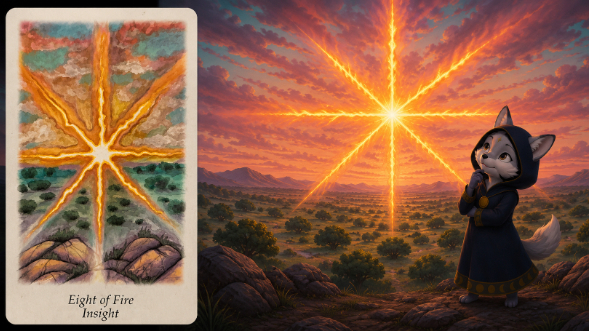 Eight of Fire / Insight - 光が八方へ広がり、状況が見えてくるカード