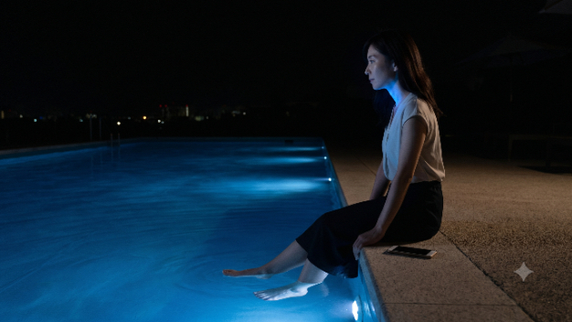 夜のプールサイドの静けさ、彼の沈黙の理由