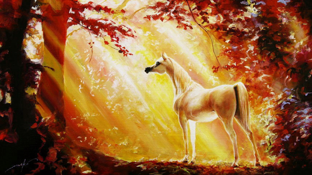 紅葉と白馬☆油彩画【啓示の朝】～MORNING OF REVELATION～｜色彩の