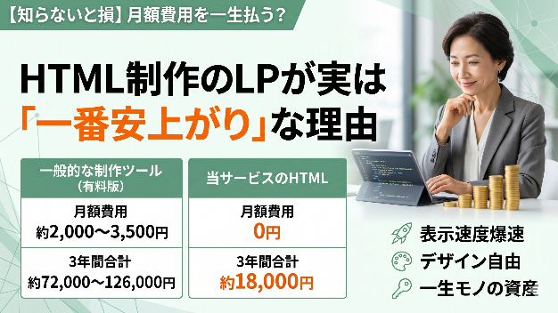 知らないと損】月額費用を一生払う？HTML制作のLPが、実は「一番